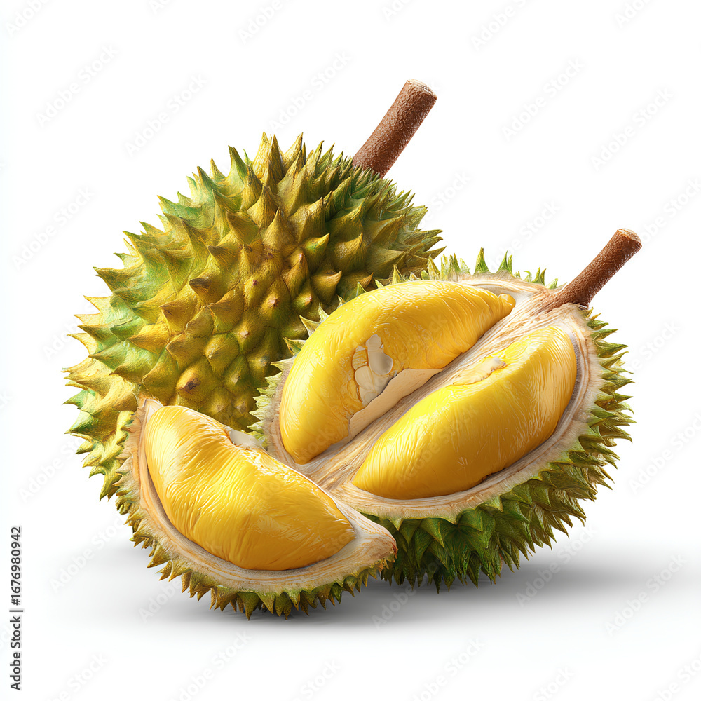 Fototapeta premium Fresh Durian Fruit with Yellow Flesh on White Background