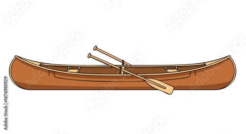 Illustration featuring a traditional wood canoe, complete with paddles, ready for an adventure on calm waters depicting classic canoeing tradition