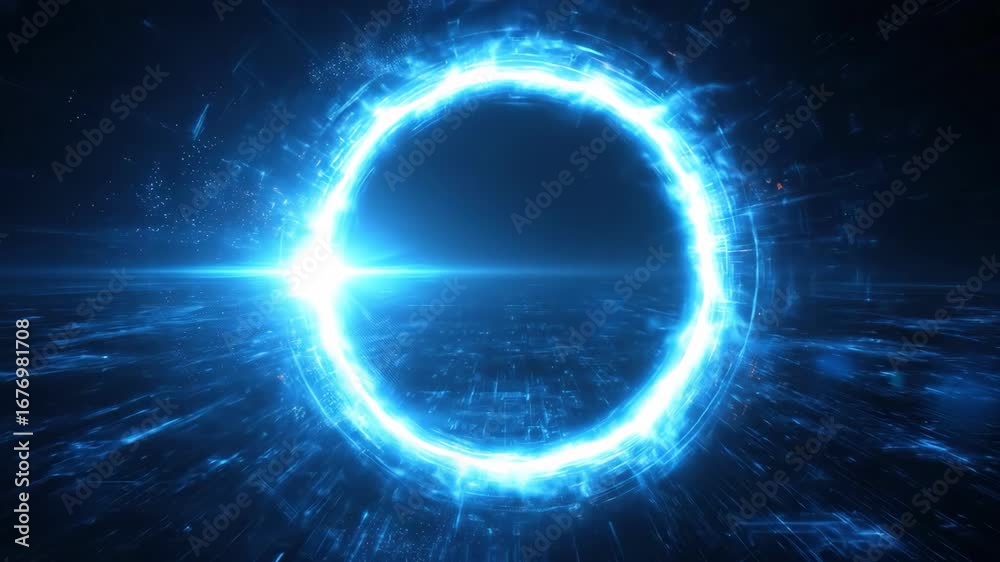 Cosmic Portal: An ethereal blue energy ring pulsates with vibrant light, opening a gateway to the cosmos and beckoning exploration of the infinite expanse.
