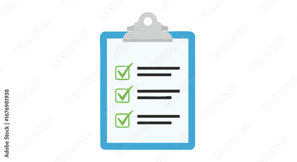 Fototapeta premium Blue clipboard showcasing completed tasks with green checkmarks on a clean white background indicating efficiency and organization