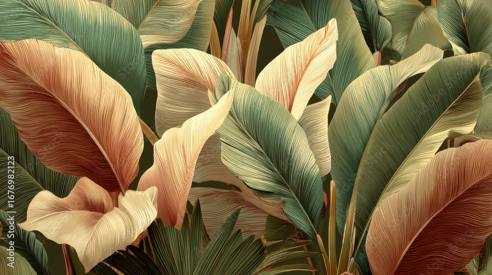 custom made wallpaper toronto digitalLush tropical leaves in various shades of green, cream, and warm tones create vibrant and serene atmosphere, perfect for nature lovers and interior design enthusiasts
