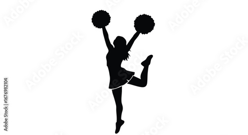 Silhouette of a cheerleader in mid-leap holding pom-poms aloft expressing youthful enthusiasm and team spirit through a dynamic pose conveying vigor