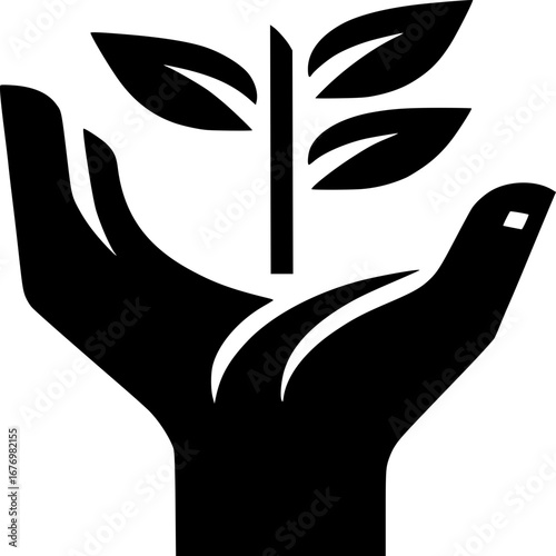 hand holding plant silhouette icon: A graphic silhouette of an open hand cradling a seedling, symbolizing care, growth, and environmental stewardship.