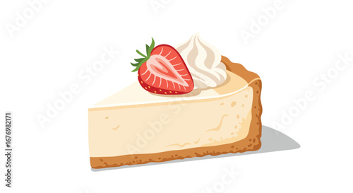 A Delicious Slice of Cheesecake with a Ripe Strawberry and Whipped Cream Decoration for a Delightful Dessert