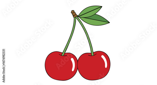 Stylized twin cherries illustration with verdant leaves, a delightful summer treat and dessert ingredient artwork displaying juicy red fruits