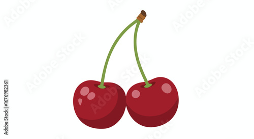 Pair of vibrant red cherries with verdant stems illustration on a clean white background offering a sense of freshness and simplicity