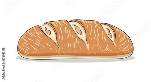 Loaf of bread illustration, featuring a crusty exterior with soft interior in cartoon style drawing, suitable for bakeries or culinary blog design