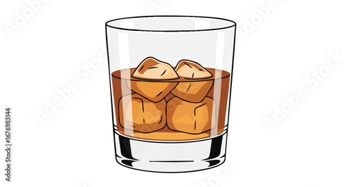 Artistic rendering of amber liquor featuring large ice cubes in a clear glass tumbler creates a sense of refreshment and refined drinking experience