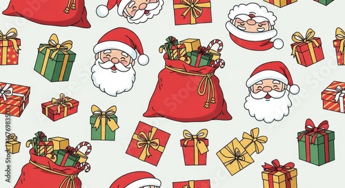 Cheerful christmas pattern with santa claus faces and presents illustration