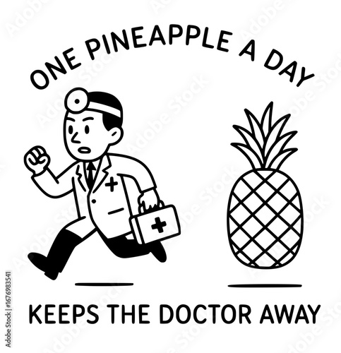 Vector poster showing medical doctor running away from pineapple