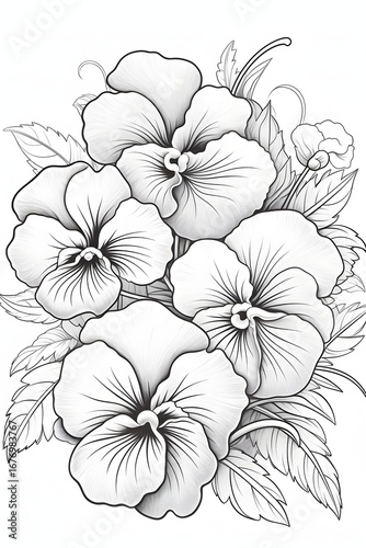 Modern coloring book page featuring pansy flowers in bloom. Black and white outline illustration with clean lines, suitable for both adults and children. Elegant floral