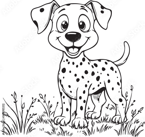 Happy Dalmatian puppy standing on grass black and white cartoon line art illustration for pet children and decorative design