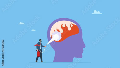Man with fire extinguisher try to extinguish burning fire on human head. Therapy to cool down burning mind or anger, reduce burnout or mental illness, depression, cure anxiety and stress.