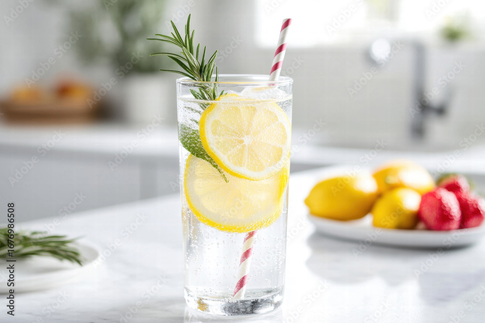 Fototapeta premium A glass of water with a lemon slice and a red straw in it
