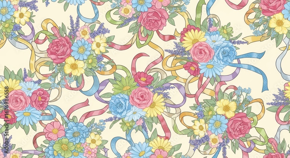 Fototapeta premium Seamless floral background with pastel ribbons, a delicate arrangement of blooms