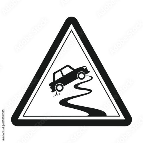 Slippery road ahead triangular warning sign silhouette icon. Black and white vector graphic of a car skidding on a winding path for traffic safety awareness