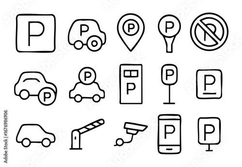 Parking Icon Line Set, Isolated Background. Simple Line Design Representing Cars and Parking Lots, Useful Graphic Elements for Road Signs and Map Navigation