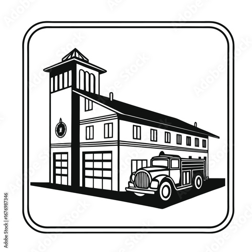 Vintage Fire Station Silhouette Classic Fire Truck and Building Illustration