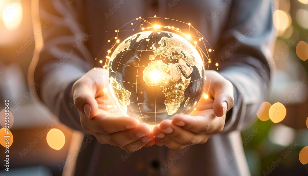 Fototapeta premium Illuminated globe cradled in hands symbolizing global connection and innovation