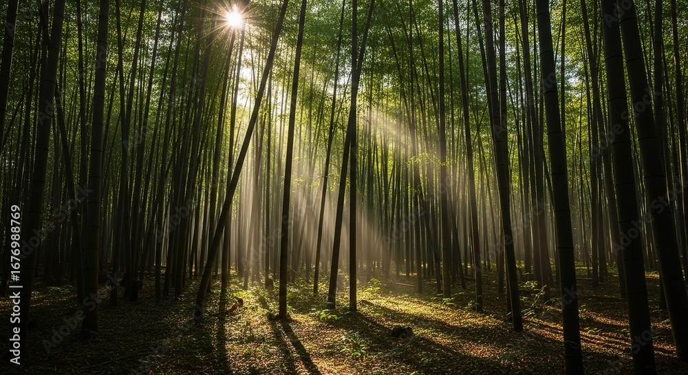 Naklejka premium Find serenity in a lush green bamboo forest, sunlight streaming through trees, nature background image