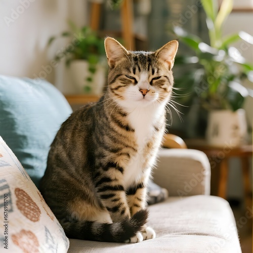 Wallpaper Mural A tabby cat sitting comfortably on a couch in a cozy living room Torontodigital.ca