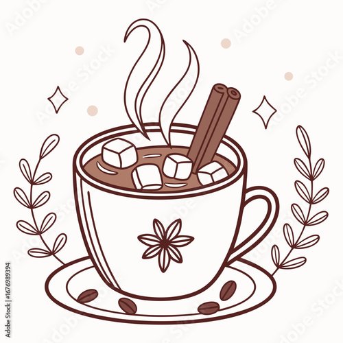 Hot chocolate with marshmallows and cinnamon sticks in a cup  