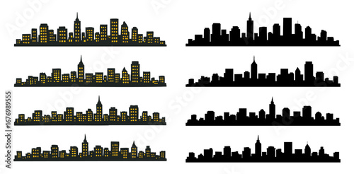 City Skyline Silhouette Background, Isolated Black and White Design. Modern Urban Nightscape Graphic for Posters, Banners, and Web Design