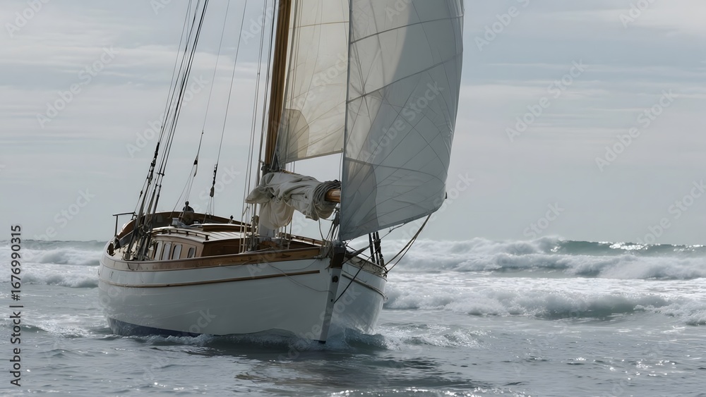 Obraz premium Sailboat navigating through choppy ocean waters under a cloudy sky