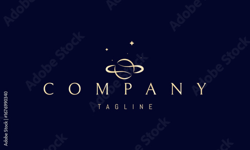 A vector golden logo featuring an abstract image a planet with orbit and surrounding stars, symbolizing cosmos, mystery, and infinite exploration.