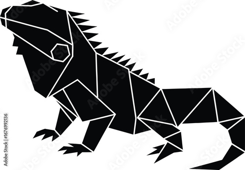 Geometric black silhouette of an iguana on a white background