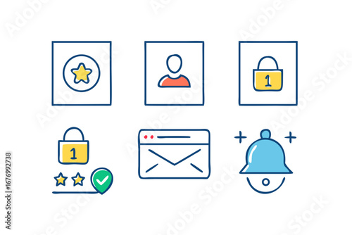 Vector art of hand drawn security and user profile icons with email and notification isolated