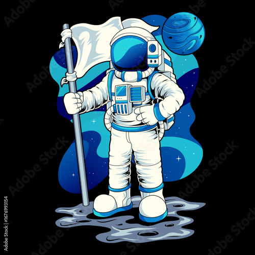 An astronaut holding a flag
