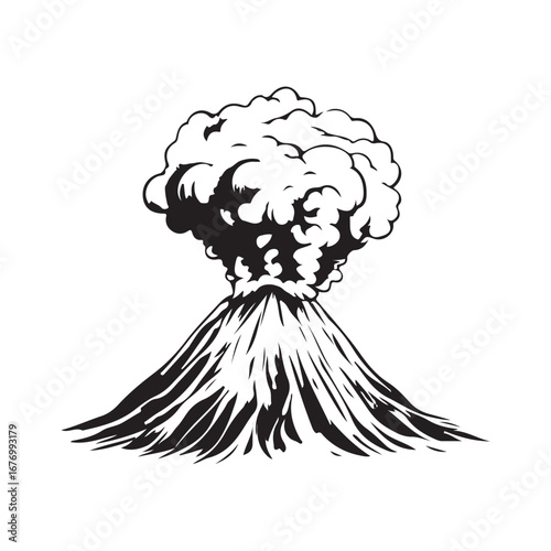Dramatic vector illustration of an erupting volcano, showing a large eruption with thick smoke, and a cloud of volcanic ash.