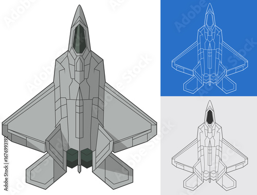 Set F-22 military aircraft design in colored, lineart and blueprint style from top view. Vector illustrations F-22 hornets fighter jet. Outline drawing united states modern combat aeroplane F22.