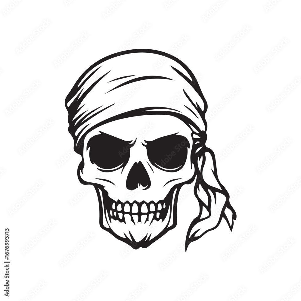 Fototapeta premium Vector illustration of a sketch of a whole human skull wearing a headband, drawn in an artistic and characterful freehand style.