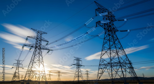 Majestic Power Transmission Towers Against a Vivid Sunset Sky Showcasing Clean Energy Infrastructure