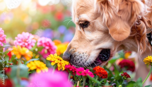 Golden retriever sniffing colorful flowers in a sunlit garden, surrounded by vibrant blossoms and a soft bokeh background.