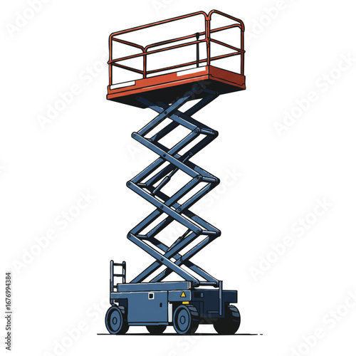 A stylized vector illustration of a scissor lift is prominently raised high, rendered in a clean solid color on an isolated pure white canvas, highlighting its robust elevated position.