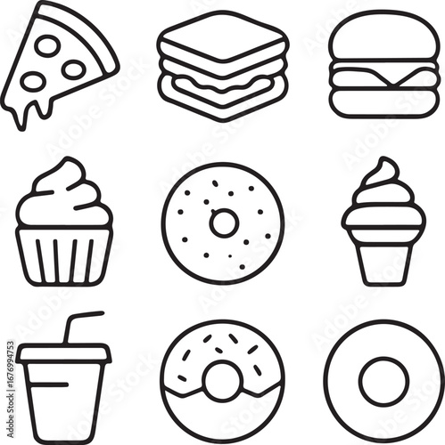 Fast Food Icons Vector Set Pizza Burger Donut Drink Snack