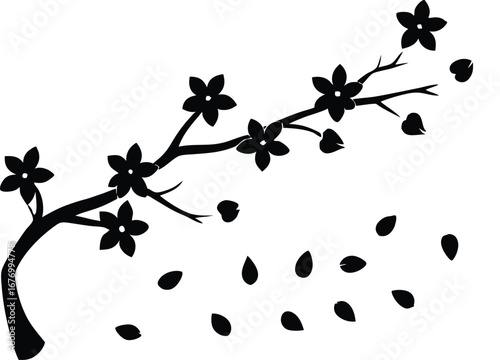 cherry blossom branch with falling petals silhouette