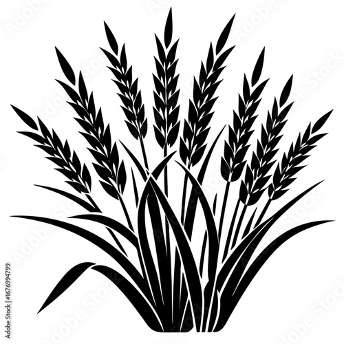 A black silhouette illustration of a cluster of ripe wheat stalks with detailed grains and leaves.