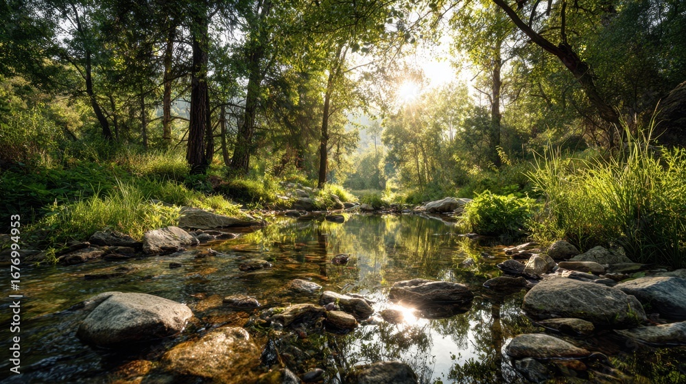 Obraz premium Serene forest stream flowing over rocks amidst lush green trees and vibrant foliage in a peaceful natural setting