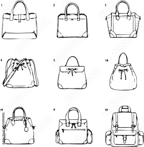 Set of nine handbag sketches black and white line art illustration showing fashion accessories for style retail and design themes