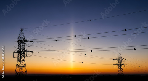 Majestic Power Lines Against a Dramatic Sunset Sky with a Light Beam