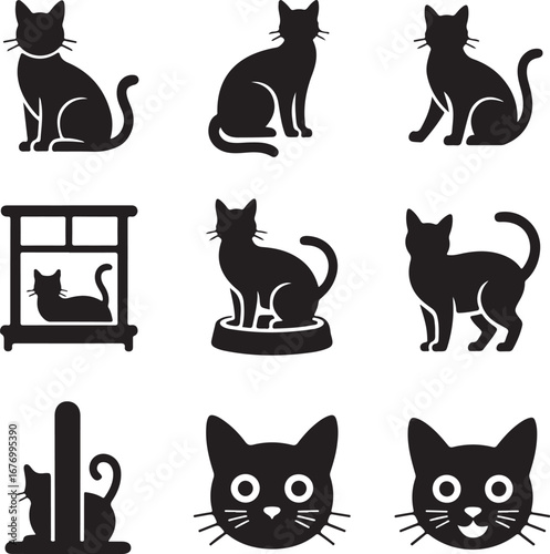 Diverse Black Cat Silhouettes Vector Icons Collection