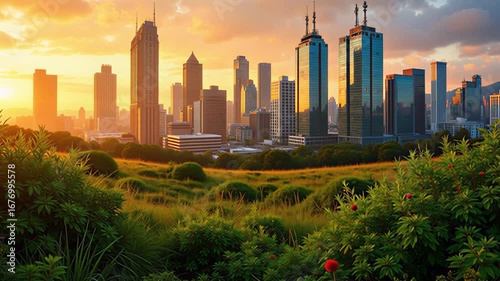 Wallpaper Mural Experience the vibrant energy of a modern city skyline bathed in golden sunrise light Torontodigital.ca