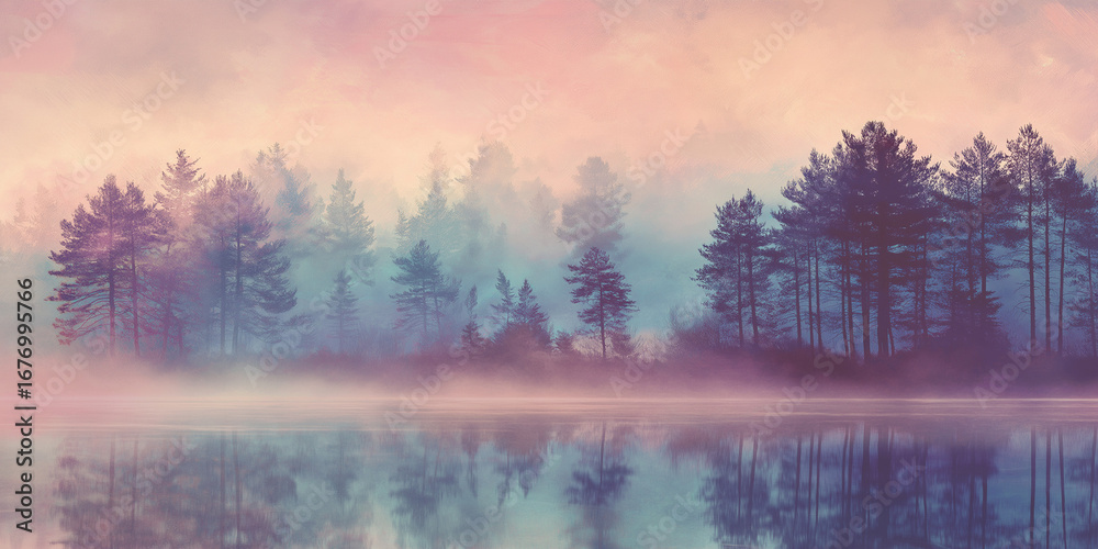 Fototapeta premium Calm misty forest landscape, dreamy pastel tones