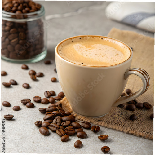 cappuccino cup with coffee beans scattered around