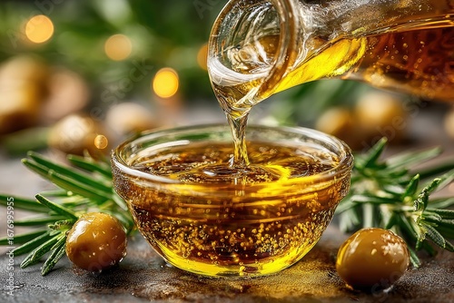 Pouring olive oil into bowl, rosemary, olives, festive background