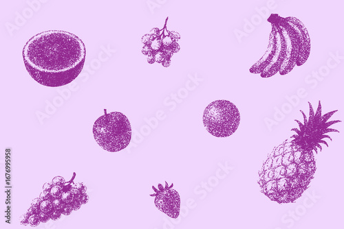 Seamless Stipple Dotwork Fruit Pattern (Purple on Lavender)